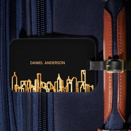 Black gold city skyline business name luggage tag