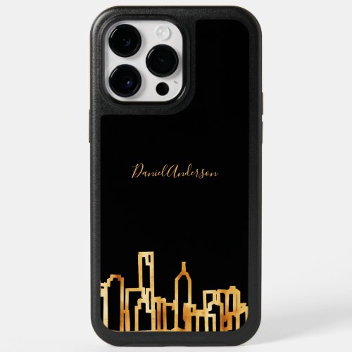 Black gold city skyline business real estate name OtterBox iPhone 14 pro max case