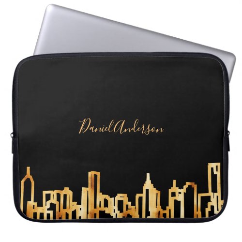 Black gold city skyline minimalist name script laptop sleeve