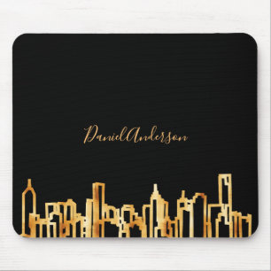 Black gold city skyline modern name script mouse pad