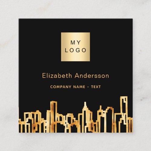 Black gold city skyline modern qr code logo square business card