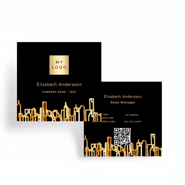 Black gold city skyline modern qr code logo square business card (Creator Uploaded)