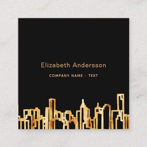 Black gold city skyline modern qr code square business card