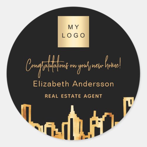 Black gold city skyline real estate agent logo classic round sticker