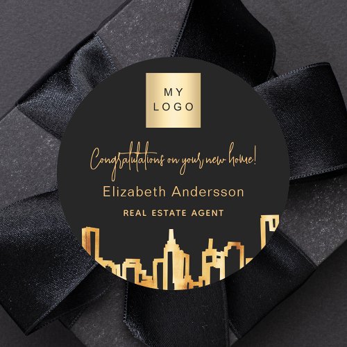 Black gold city skyline real estate agent logo classic round sticker