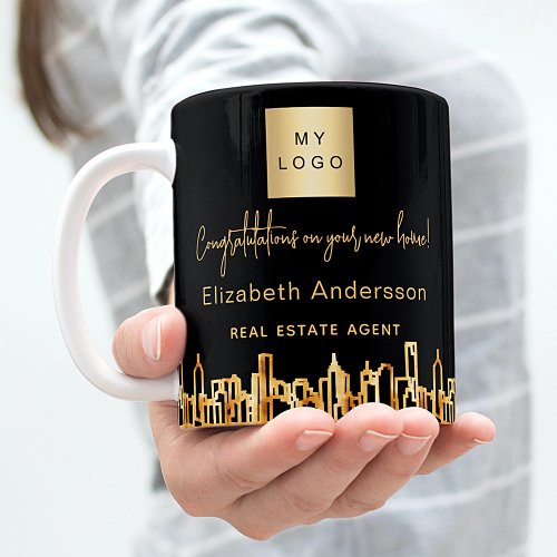 Black gold city skyline real estate agent logo coffee mug