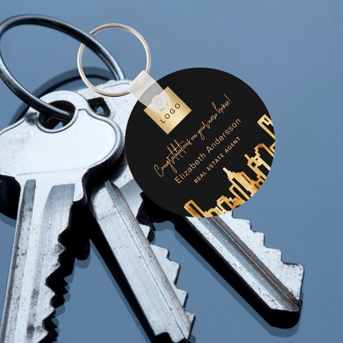 Black gold city skyline real estate agent logo keychain