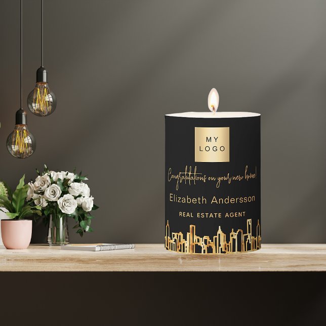 Black gold city skyline real estate agent logo pillar candle (Creator Uploaded)
