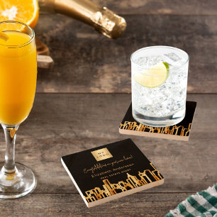 Black gold city skyline real estate agent logo stone coaster