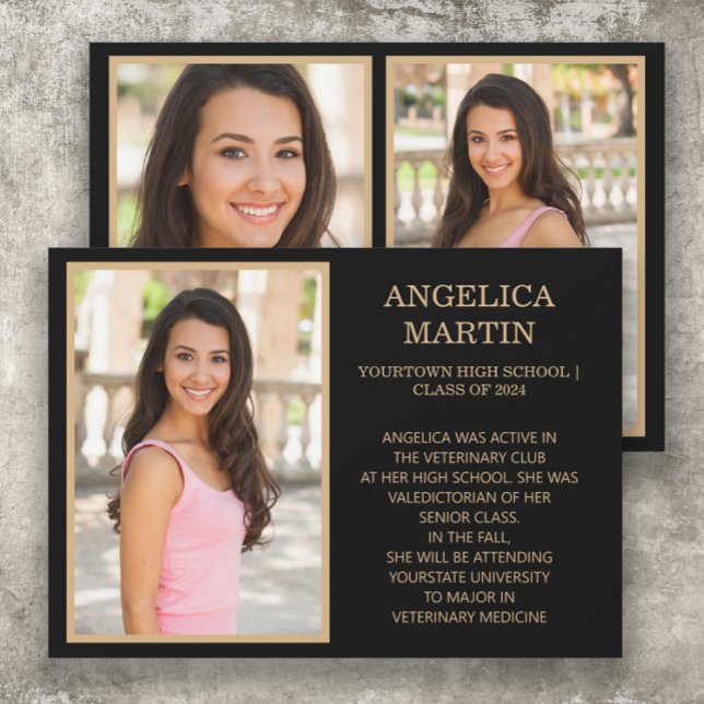 Black Gold Class 2024 Graduation Photo Announcement (Black and gold 3-photo graduation announcement printed on front and back)