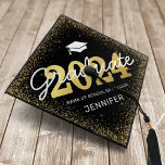 Black Gold Class of 2024 Graduation Cap Topper<br><div class="desc">Elegant graduation cap topper featuring a stylish black background that can be changed to any color,  a mortarboard,  gold glitter border,  the year 2024 in a faux gold foil font,  and a modern text template that is easy to personalize.</div>