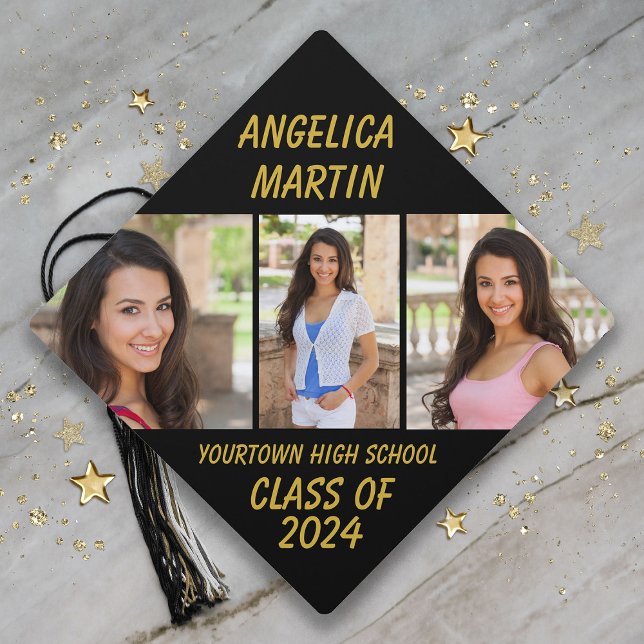 Black Gold Class of 2024 Graduation Photo Collage Graduation Cap Topper (Black and gold 3-photo Class of 2024 graduation cap topper)