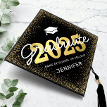Black Gold Class of 2025 Graduation Cap Topper<br><div class="desc">Elegant graduation cap topper featuring a stylish black background that can be changed to any color,  a mortarboard,  gold glitter border,  the year 2025 in a faux gold foil font,  and a modern text template that is easy to personalize.</div>