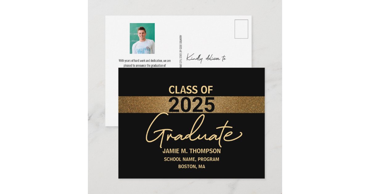 Black Gold Class of 2025 Graduation Photo Postcard | Zazzle