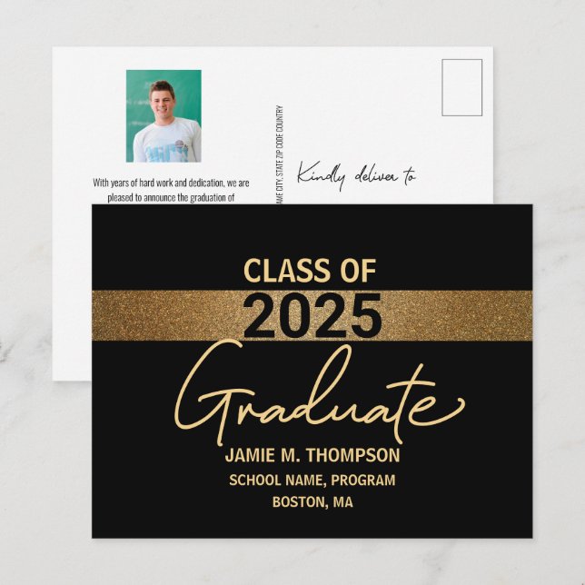 Black Gold Class of 2025 Graduation Photo Postcard (Front/Back)