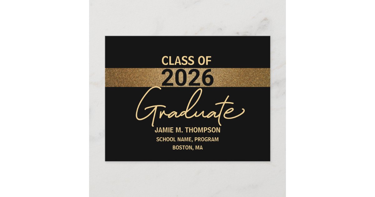Black Gold Class of 2026 Graduation announcement Postcard | Zazzle
