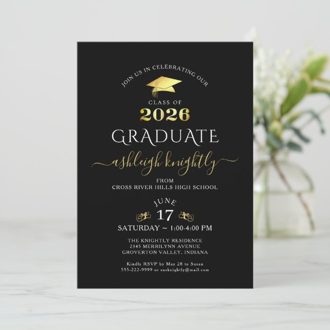 Black Gold Class of 2026 Graduation Invitation (Standing Front)