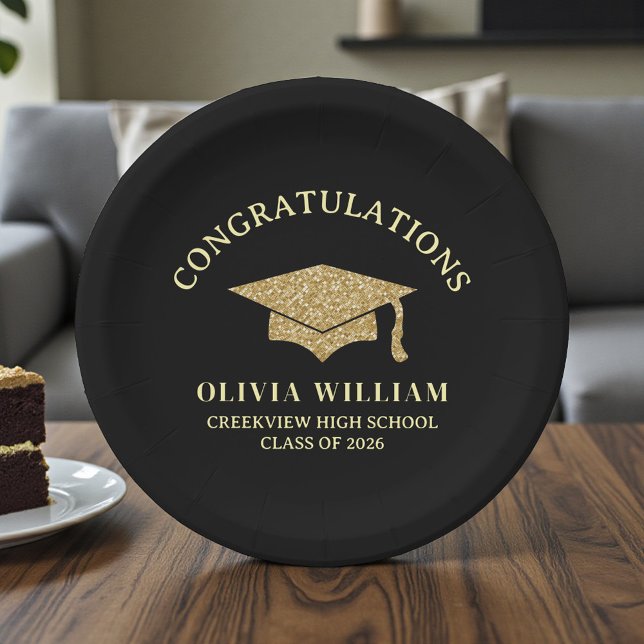 Black & Gold Class Of 2026 Graduation Party Paper Plates (Creator Uploaded)