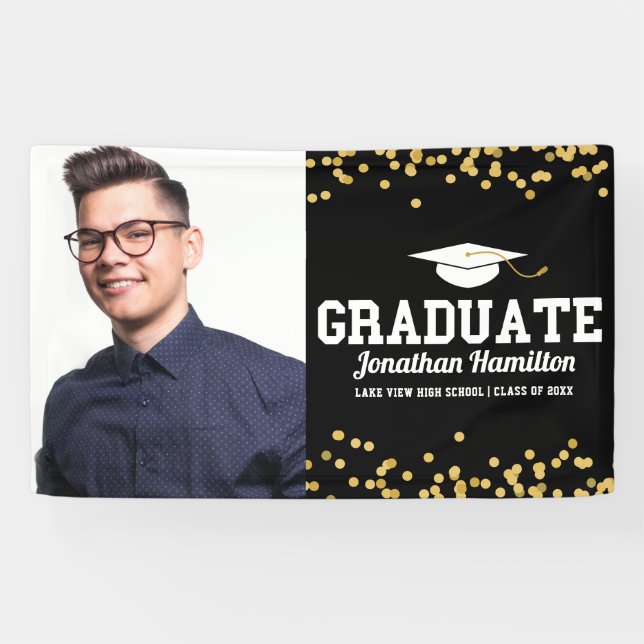 Black & Gold Class of 2026 Graduation Photo Banner (Horizontal)