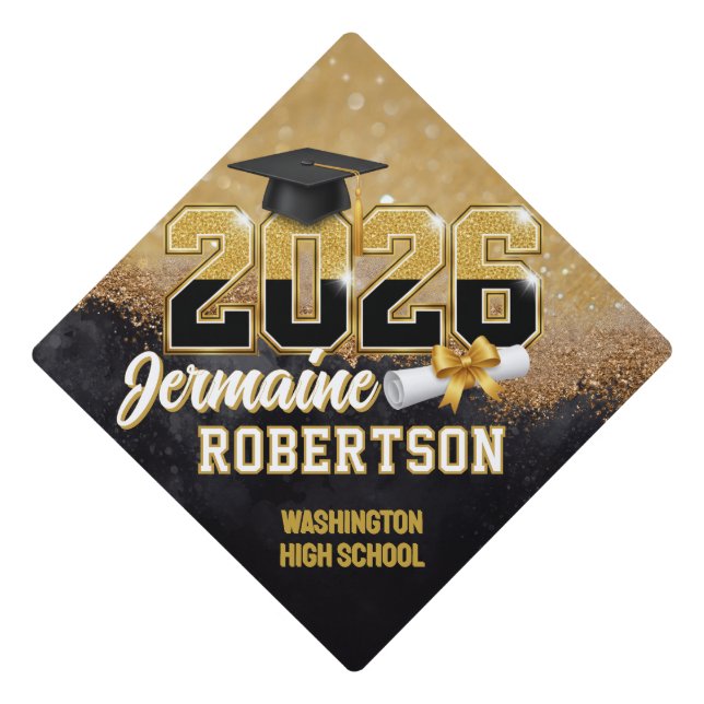 Black & Gold Class of 2026 Luxury Graduation Cap Topper (Front)