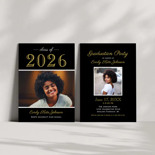 Black Gold Class of 2026 Photo Graduation Party Invitation | Zazzle