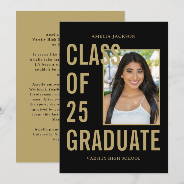 Black & Gold Class Of 25 Photo & Bio Graduation Announcement (Front/Back)