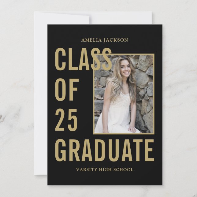 Black & Gold Class Of 25 Photos Graduation Party Invitation (Front)