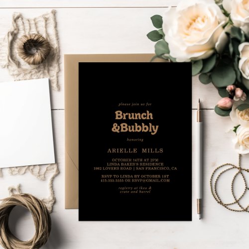Black Gold Classic Brunch and Bubbly Bridal Shower Invitation