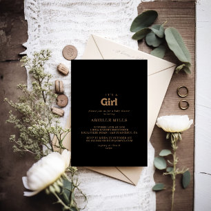 Black Gold Classic Minimal It's A Girl Baby Shower Invitation