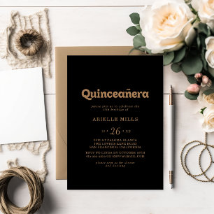 Black Gold Classic Minimal Quinceañera Invitation