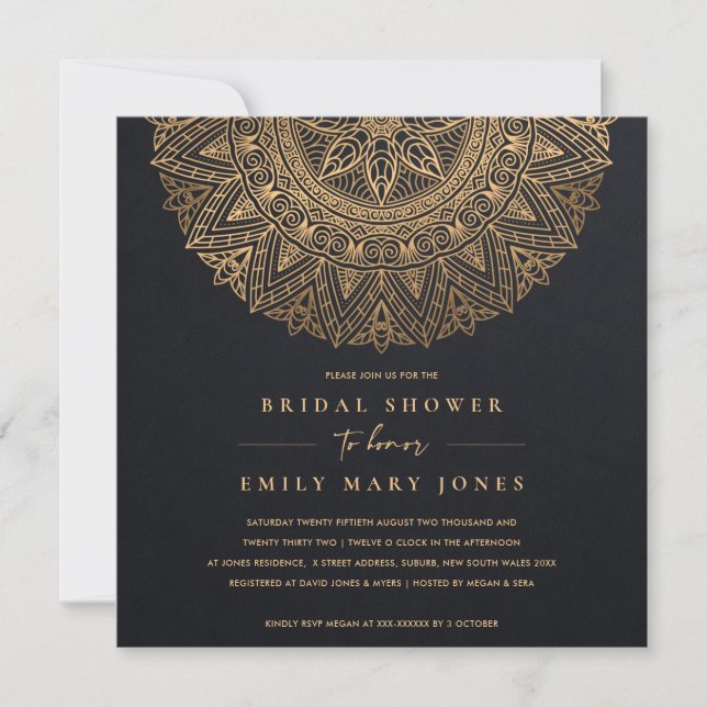 BLACK GOLD CLASSIC ORNATE MANDALA BRIDAL SHOWER INVITATION (Front)