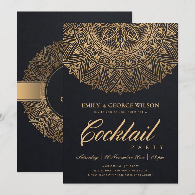 BLACK GOLD CLASSIC ORNATE MANDALA COCKTAIL PARTY INVITATION (Front/Back)