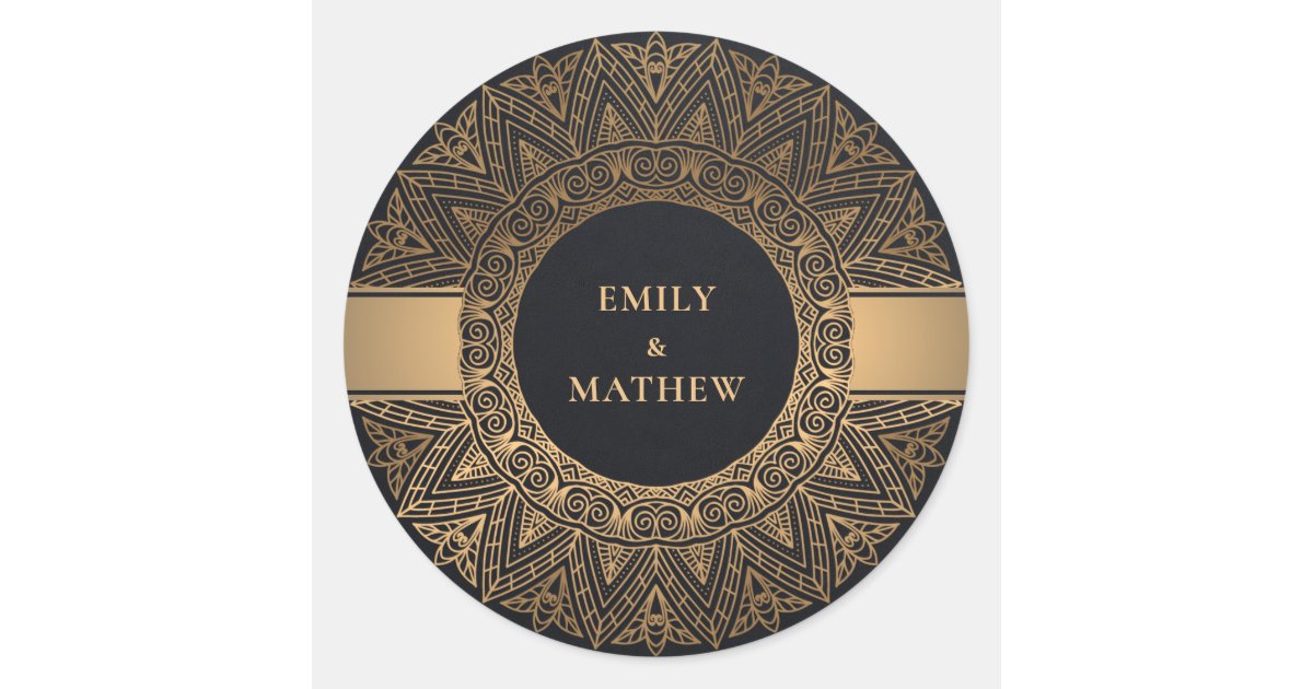 BLACK GOLD CLASSIC ORNATE MANDALA WEDDING CLASSIC ROUND STICKER | Zazzle