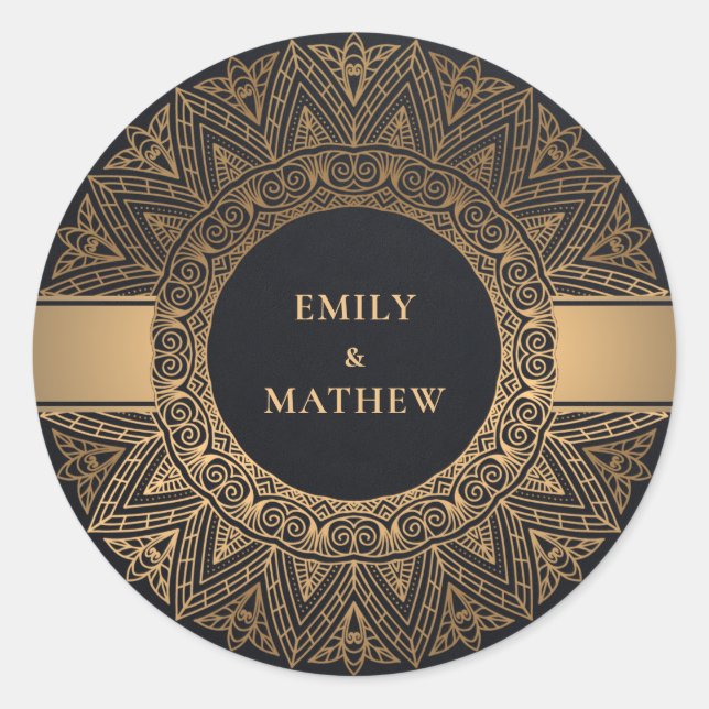 BLACK GOLD CLASSIC ORNATE MANDALA WEDDING CLASSIC ROUND STICKER (Front)