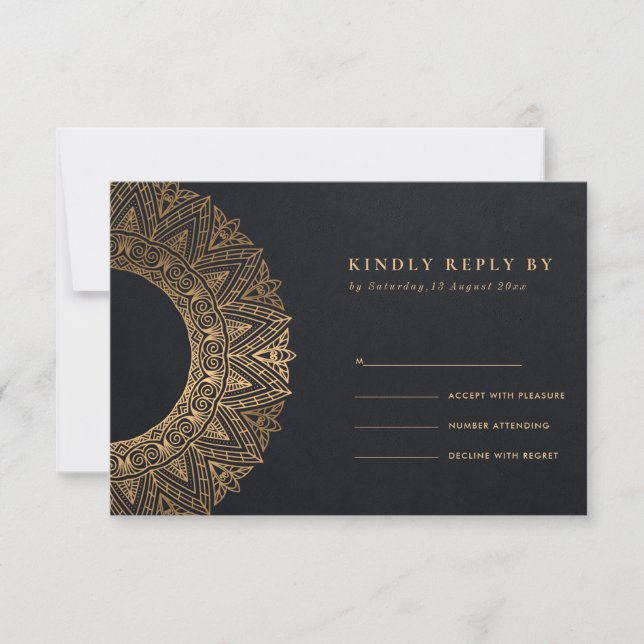 BLACK GOLD CLASSIC ORNATE MANDALA WEDDING RSVP (Front)