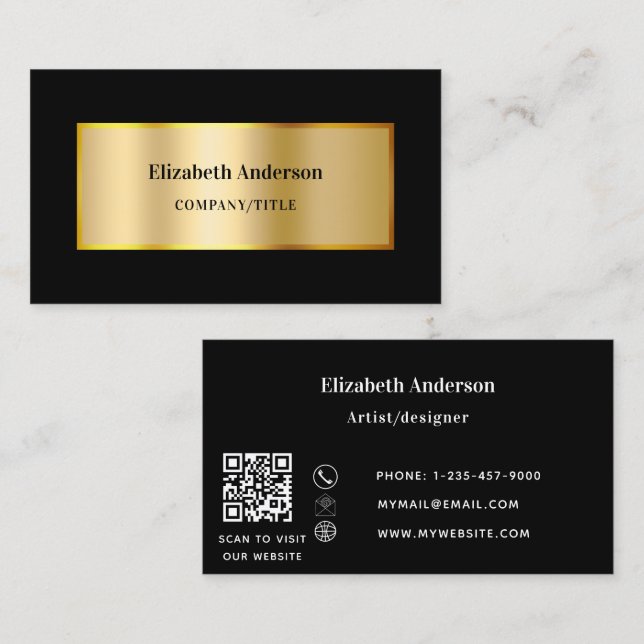 Black gold classic QR code website Business Card (Front/Back)