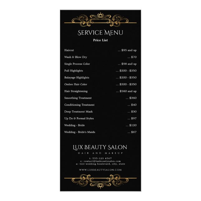 Black Gold Classic Swirls Service Price List Menu (Front)
