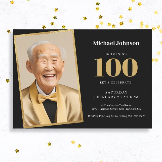 Black Gold Classy Custom Photo 100th Birthday Invitation (Mock Up View)