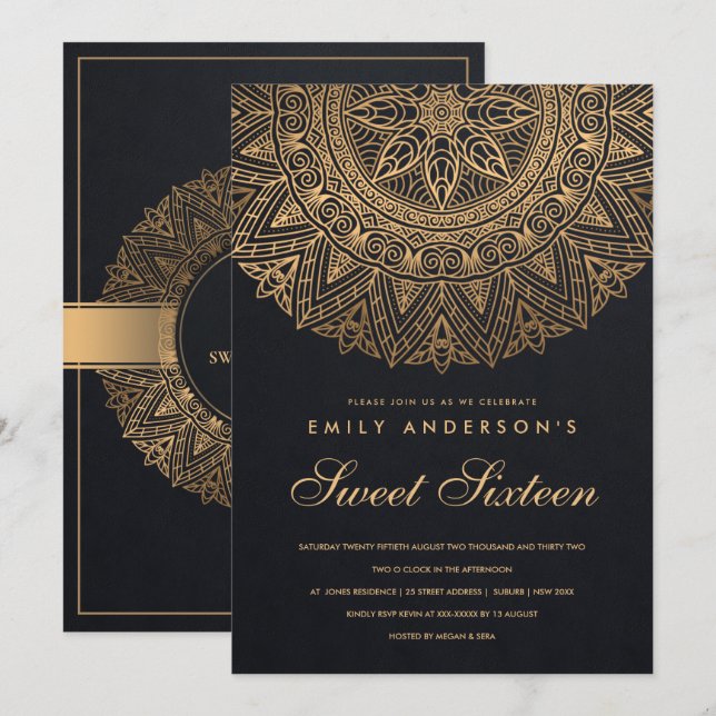 BLACK GOLD CLASSY ORNATE MANDALA SWEET 16 BIRTHDAY INVITATION (Front/Back)