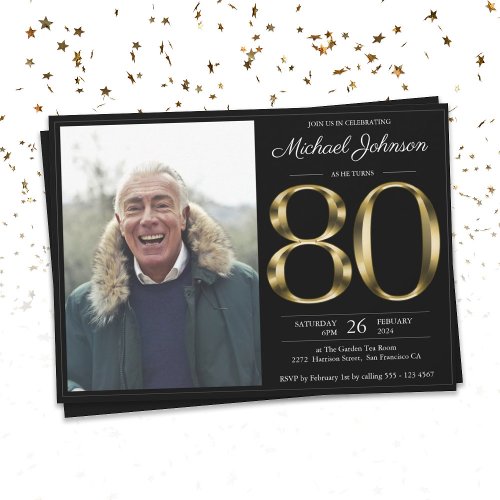 Black Gold Classy Photo 80th  Birthday Invitation