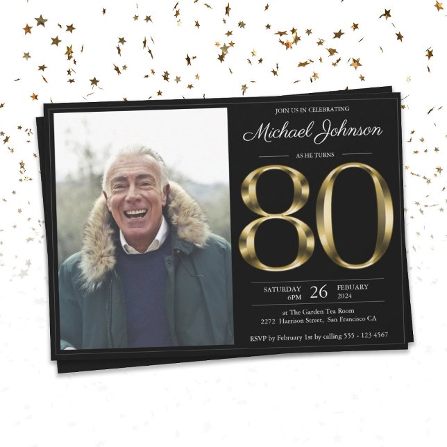 Black Gold Classy Photo 80th  Birthday Invitation (Creator Uploaded)