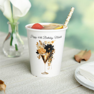 Black Gold Cocktails Drink Florals 40th Birthday  Paper Cups