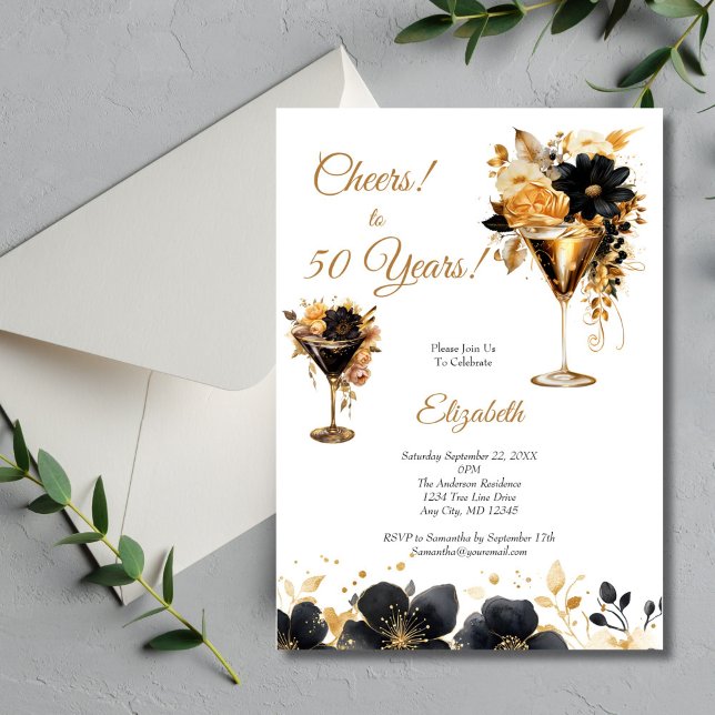Black Gold Cocktails Drinks Florals 50th Birthday Invitation (Black Gold Watercolor Florals Cocktails 50th Birthday party invitation for her. Digital or Printed)