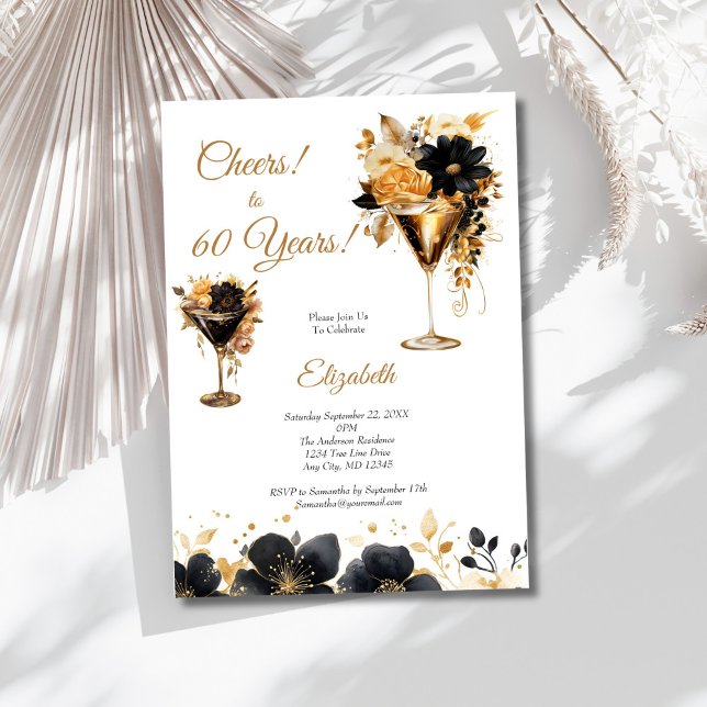 Black Gold Cocktails Drinks Florals 60th Birthday Invitation (Black Gold Florals Cocktails 60th Birthday party invitation for her. Printed or Digital)