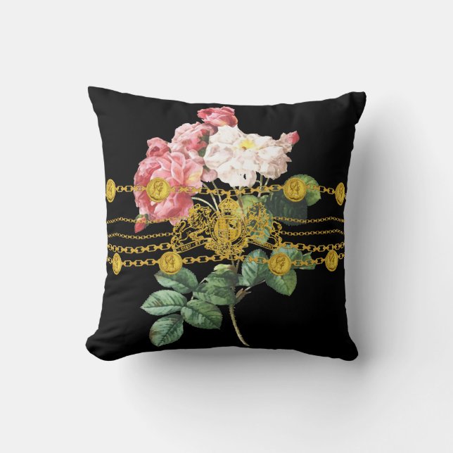 Black Gold Coin Lion Emblem Chain Rose Floral Throw Pillow (Front)