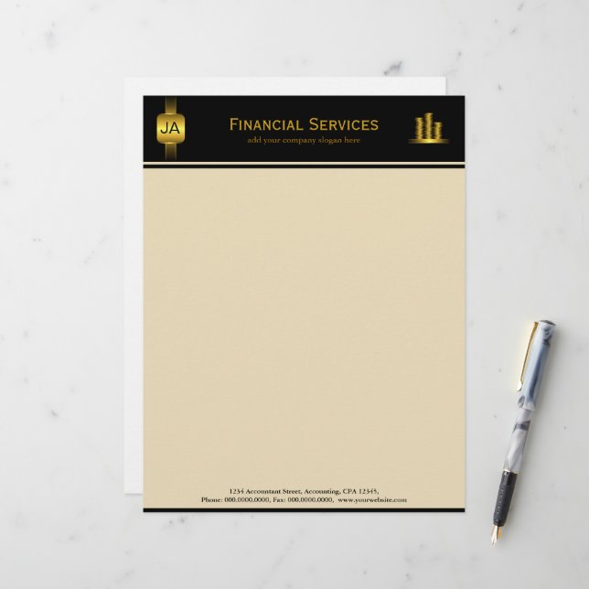 Black Gold Coins Accountant Business Letterhead (Front/Back In Situ)