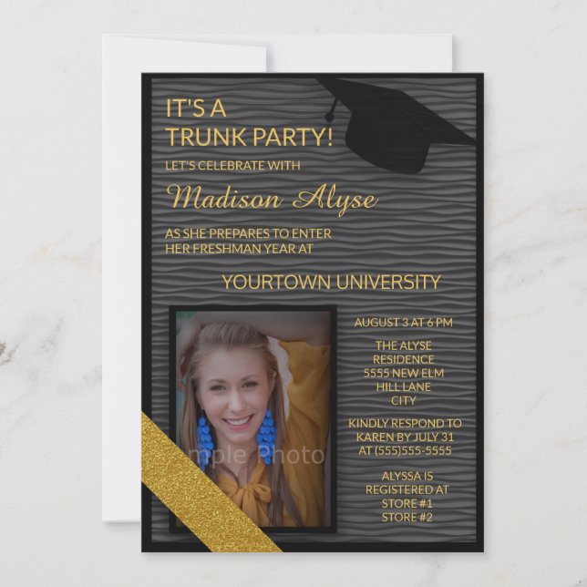 Black Gold College Trunk Party Dorm Shower Invite (Front)