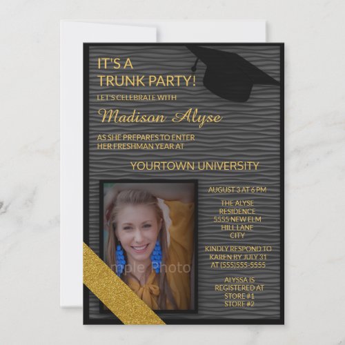 Black Gold College Trunk Party Dorm Shower Invite