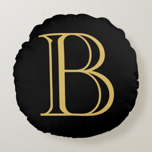 Black Gold Color Monogram Professional Calligraphy Round Pillow
