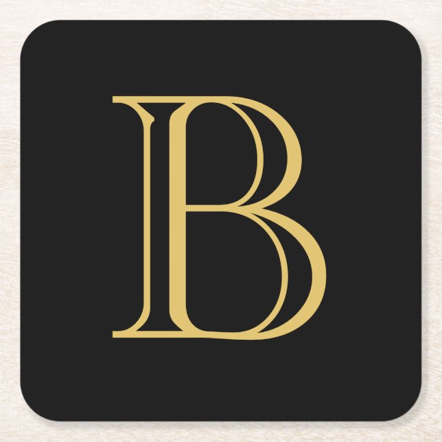 Black Gold Color Monogram Professional Calligraphy Square Paper Coaster (Front)